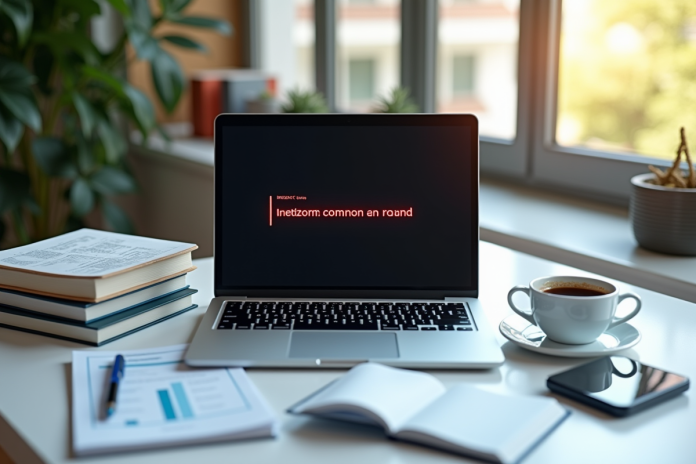 Ordinateur portable avec message d erreur sur un bureau lumineux