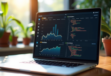 Ordinateur portable affichant des graphiques SEO et code dans un bureau lumineux