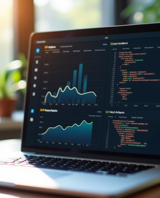 Ordinateur portable affichant des graphiques SEO et code dans un bureau lumineux