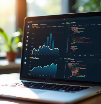 Ordinateur portable affichant des graphiques SEO et code dans un bureau lumineux