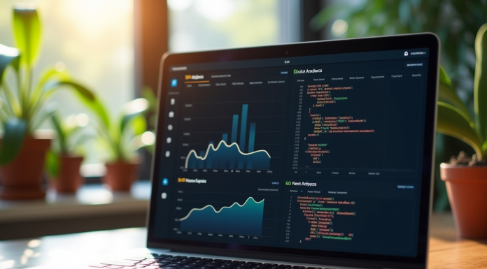 Ordinateur portable affichant des graphiques SEO et code dans un bureau lumineux