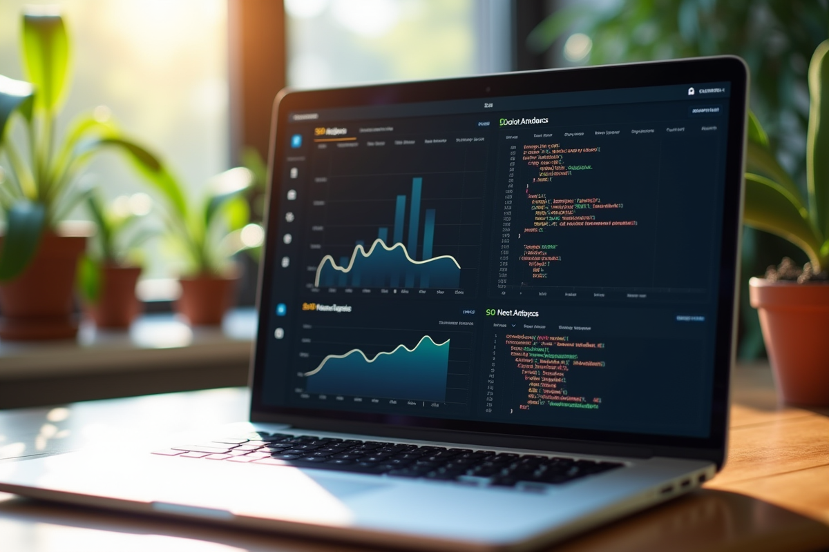 Ordinateur portable affichant des graphiques SEO et code dans un bureau lumineux