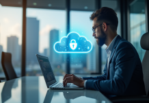 Personne travaillant sur un ordinateur portable dans un bureau moderne avec nuage holographique de securite