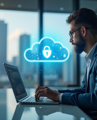 Personne travaillant sur un ordinateur portable dans un bureau moderne avec nuage holographique de securite