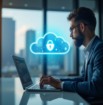 Personne travaillant sur un ordinateur portable dans un bureau moderne avec nuage holographique de securite