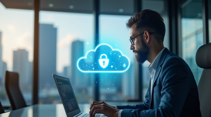 Personne travaillant sur un ordinateur portable dans un bureau moderne avec nuage holographique de securite
