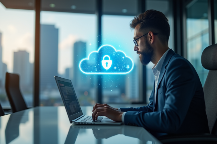 person-travaillant-laptop-securite Personne travaillant sur un ordinateur portable dans un bureau moderne avec nuage holographique de securite