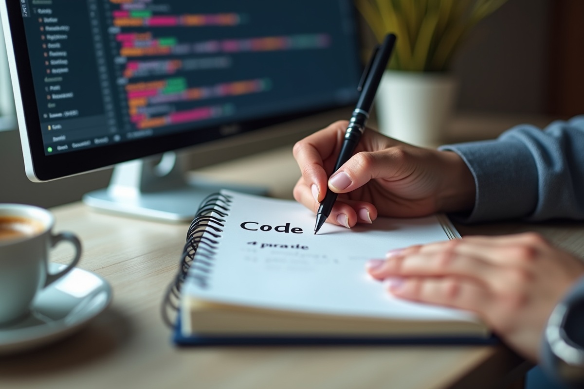 Personne écrivant du code HTML dans un carnet avec une tasse de café