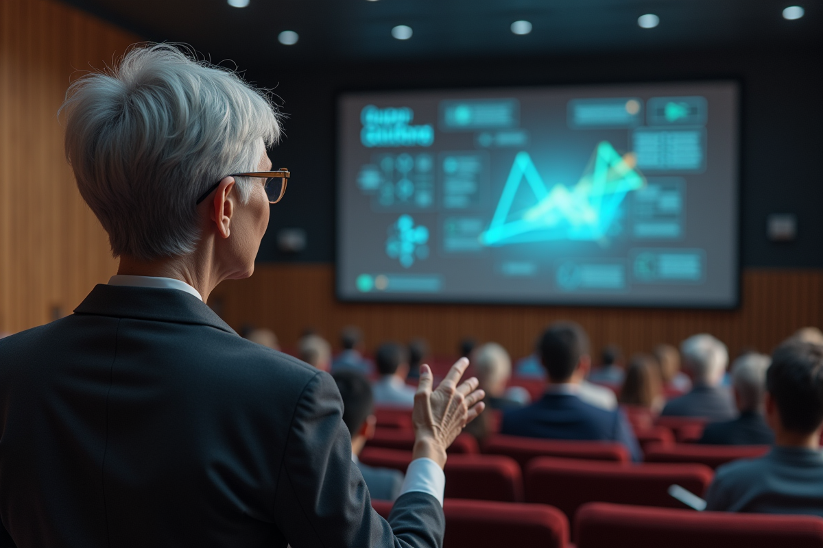 Professeure expliquant diagrammes quantiques devant étudiants