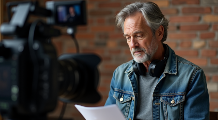 Réalisateur de film en studio avec caméra professionnelle