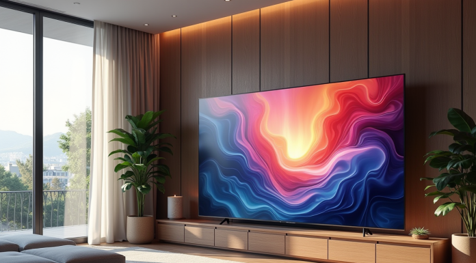 Salon moderne avec deux téléviseurs UHD et HDR lumineux