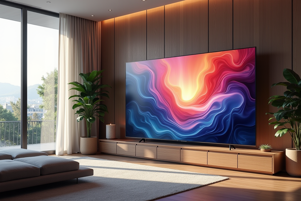 Salon moderne avec deux téléviseurs UHD et HDR lumineux