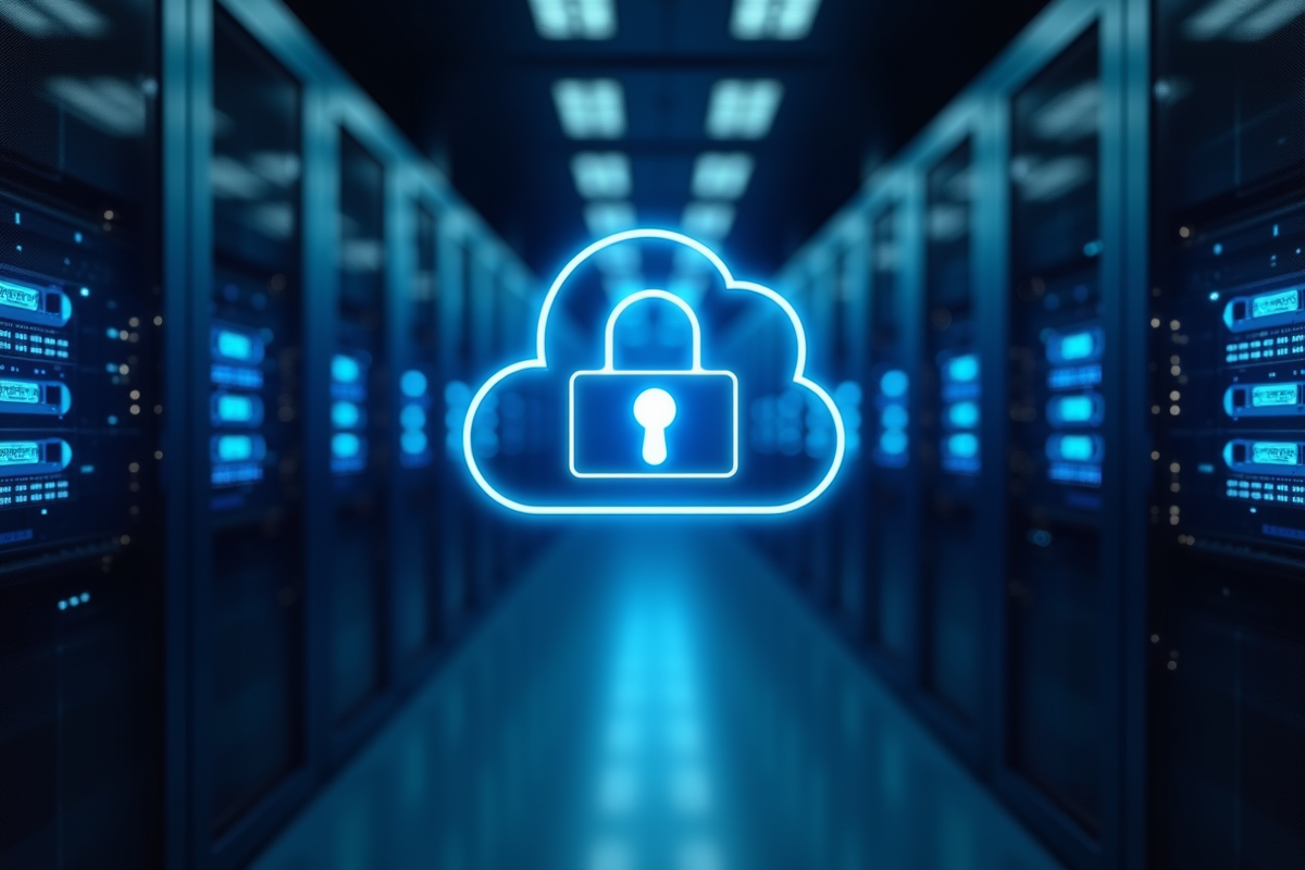 Salle serveurs avec indicateurs lumineux et symbole de securite dans le cloud