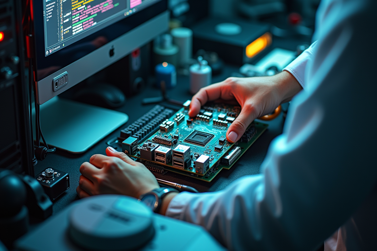 Mains d un technicien manipulant une carte circuit dans un bureau