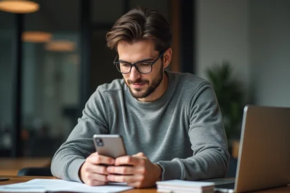 Homme testant un iPhone 15 à son bureau en 2026, comparaison smartphone