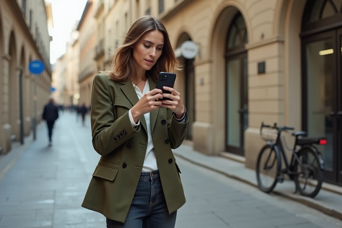 Femme utilisant un iPhone 15 en extérieur dans une rue urbaine, test photo smartphone 2026